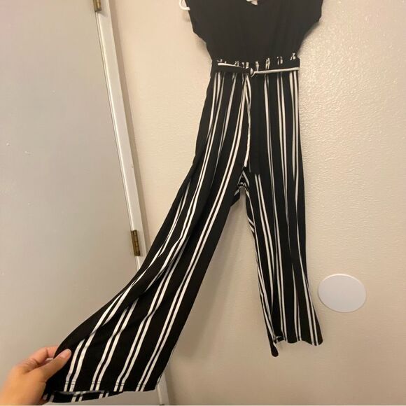 Black pin Striped stretchy Jumpsuit Romper jersey girls 10-12 - Picture 5 of 9